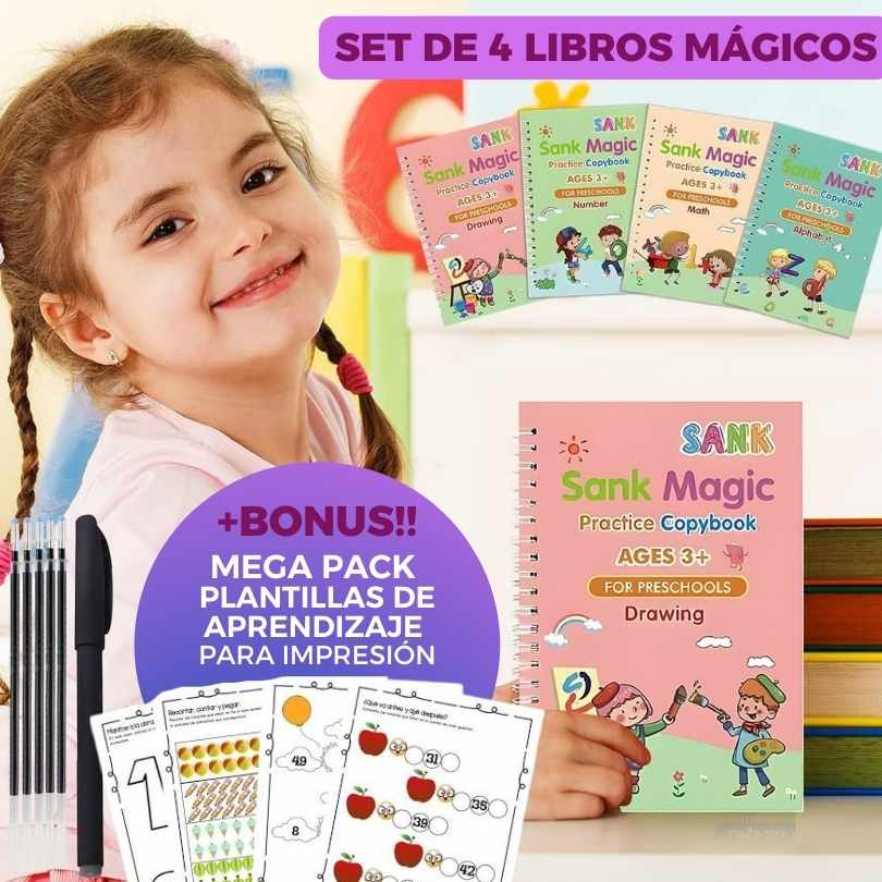 ✨SET DE 4 LIBROS MÁGICOS + LAPICERO Y REPUESTOS + 𝗕𝗢𝗡𝗨𝗦 Mega Mack de Aprendizaje Para Niños 📚